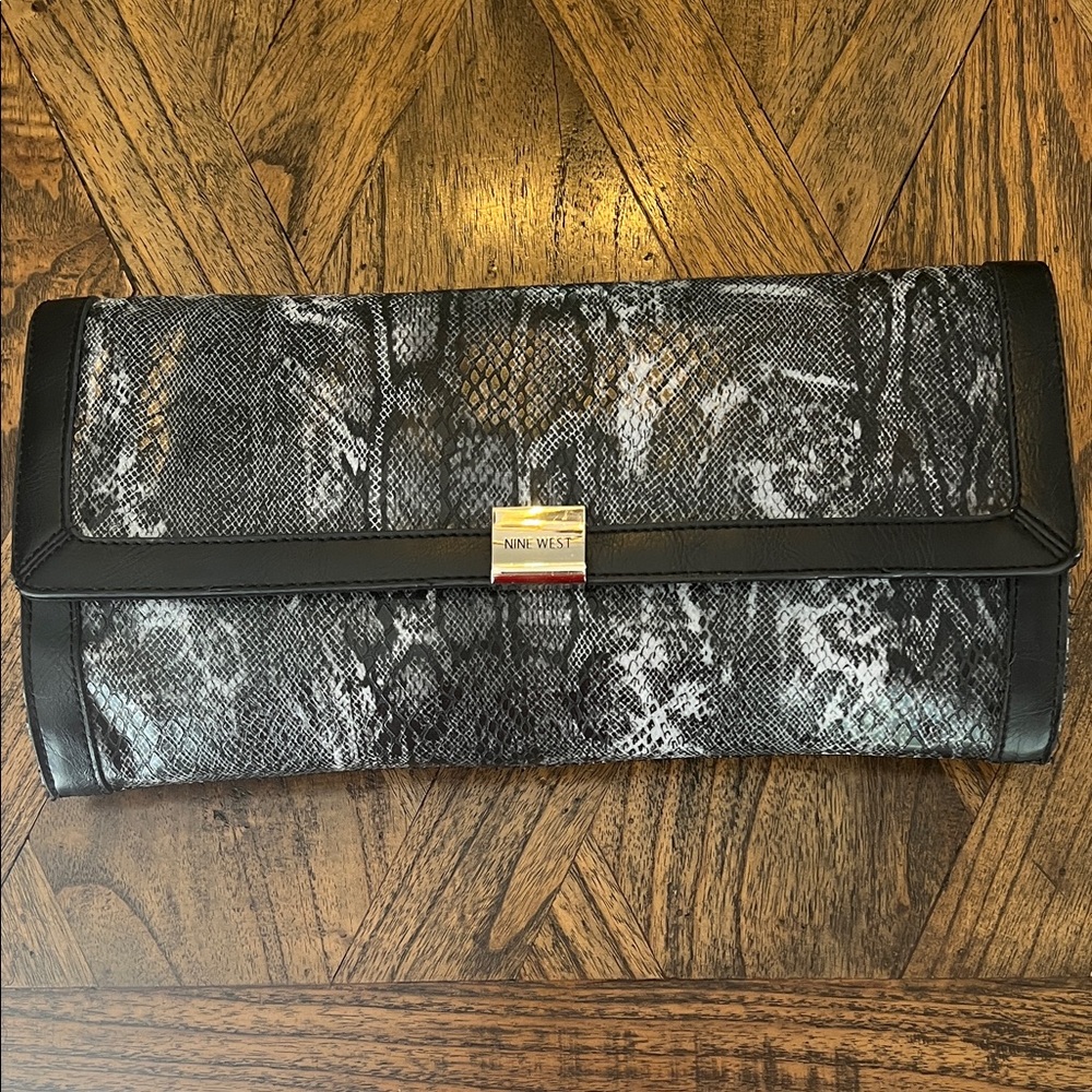 Nine West Faux Snakeskin Envelope Clutch, Black/White Silver Tone Clasp, Pockets